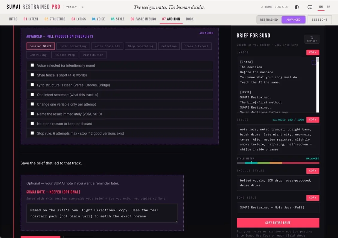SUMAI PRO's Audition step — the Advanced full production checklist with Session Start checkboxes
