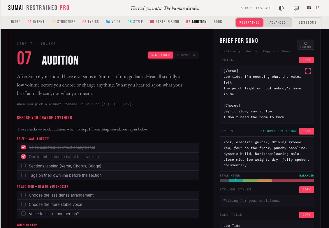 SUMAI PRO — Audition QA checklist