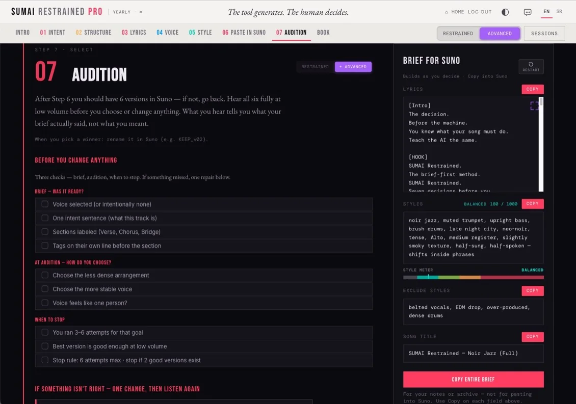 SUMAI PRO &mdash; Audition QA checklist