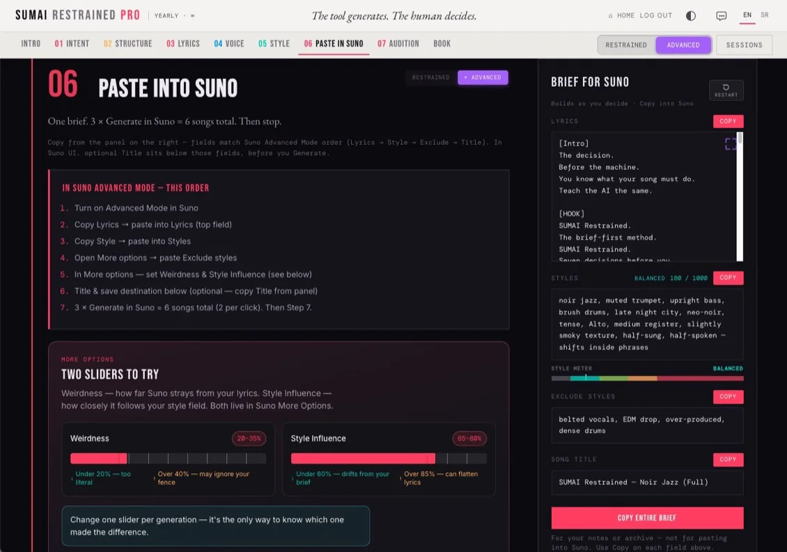 SUMAI PRO's Paste into Suno step — the copy order for Lyrics, Style, Exclude and Title