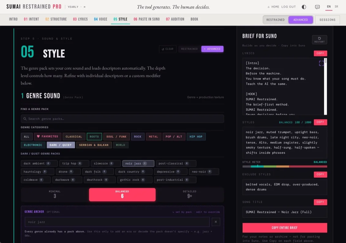 SUMAI PRO's genre pack picker — categories, the Noir Jazz pack selected, and the minimal/balanced/detailed depth toggle