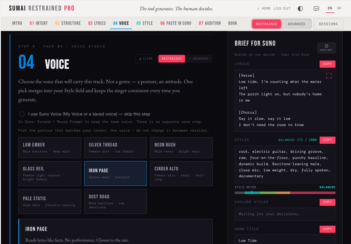 SUMAI PRO — Voice and Brief for Suno panel